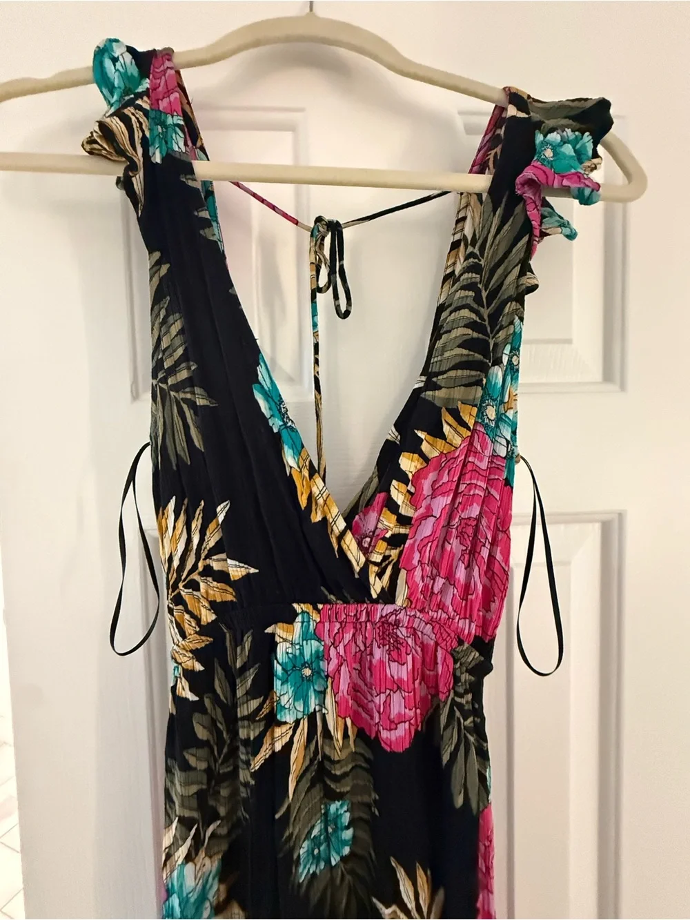 Billabong Black Floral Wrap Dress with Pink & Teal Blooms